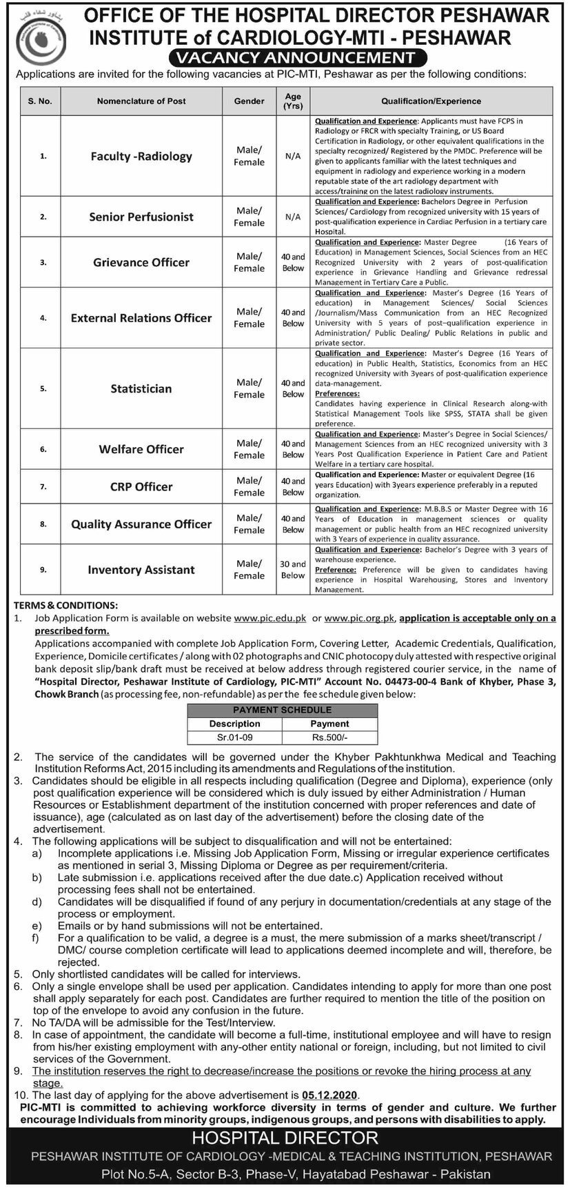 Peshawar Institute of Cardiology Jobs November 2020 MTI Application Form Download PIC 