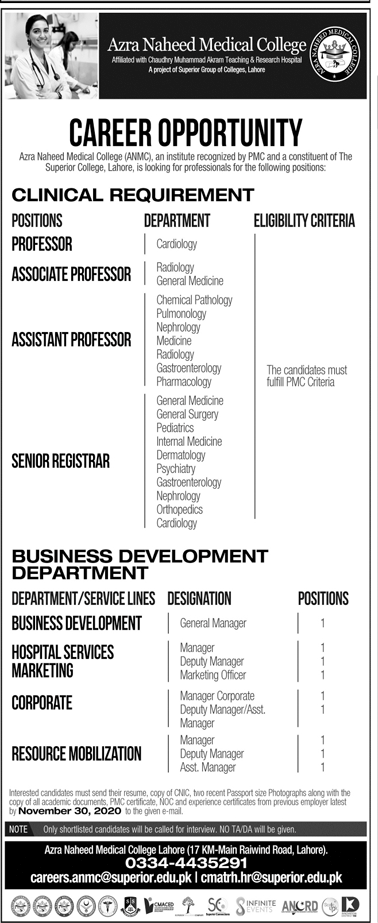 Azra Naheed Medical College Lahore Jobs 2020 November Teaching Faculty & Others Latest