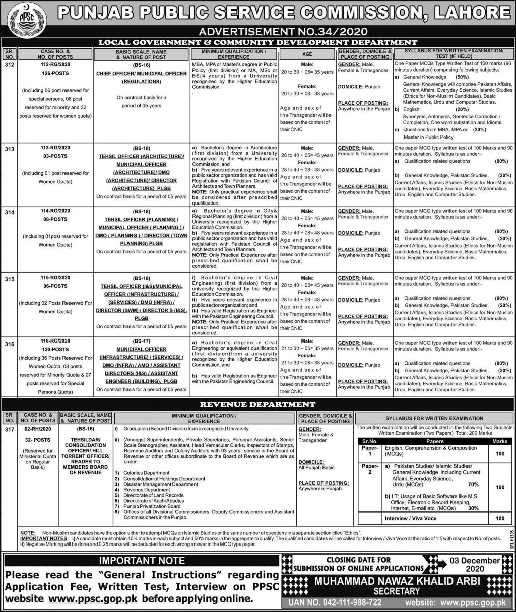 PPSC Jobs 2020 for 305+ Municipal Officers, Tehsil Officers, Assistant Directors, Tehsildar & Other in Punjab Govt Departments