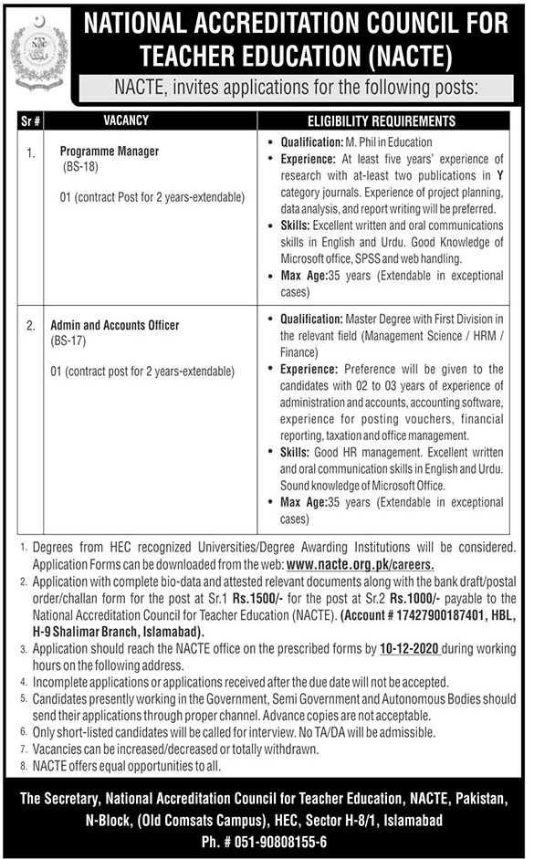  NACTE Islamabad Jobs 2020 for Programme Manager & Admin / Accounts Officer