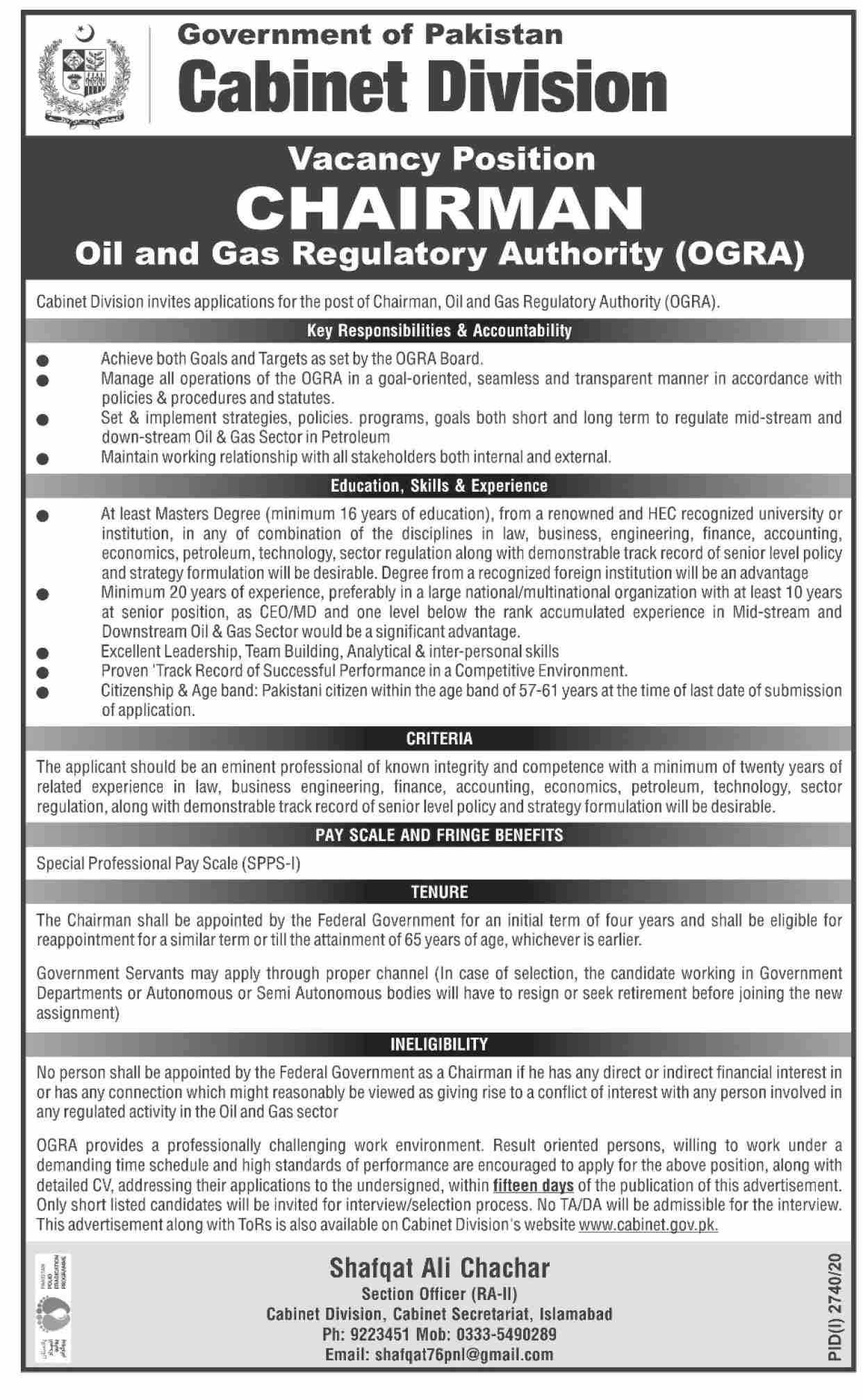 Government of Pakistan Cabinet Division Jobs 2020 for Chairman of Oil & Gas Regulatory Authority (OGRA) Islamabad Latest