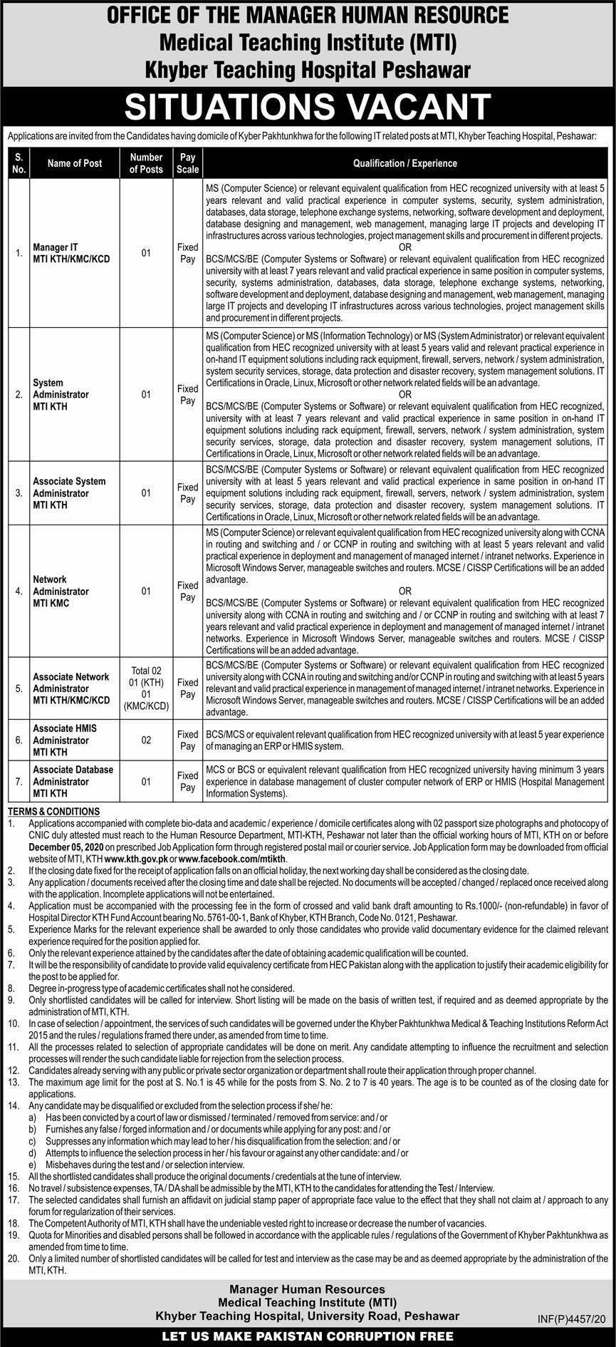 Khyber Teaching Hospital Peshawar Jobs 2020 November Application Form MTI KTH Latest