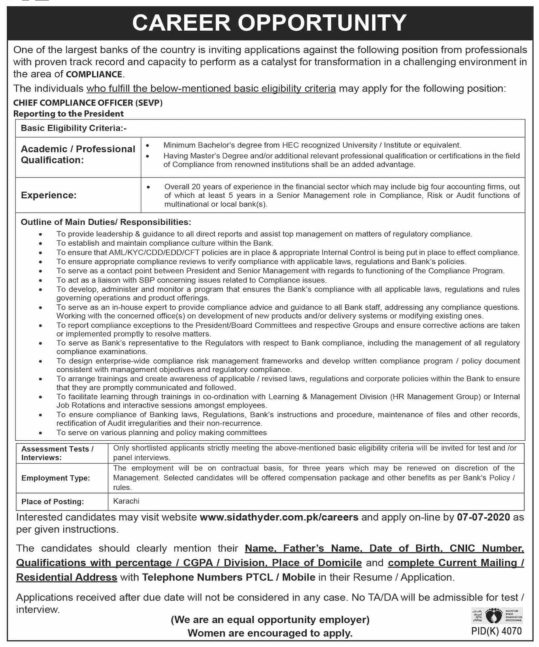 Largest Bank of Pakistan (NBP) Jobs 2020 for Chief Compliance Officer Apply Online at Head Office Karachi Latest