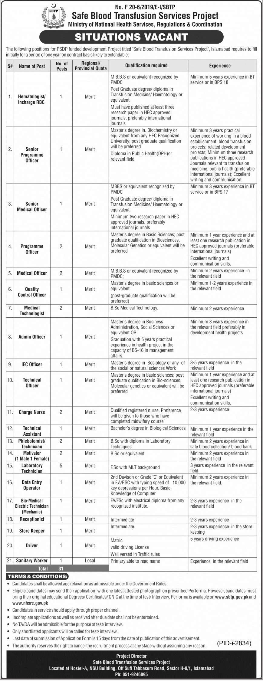 Ministry of National Health Services, Regulations & Coordination Islamabad Jobs 2020 for Safe Blood Transfusion Services Project Posts Latest