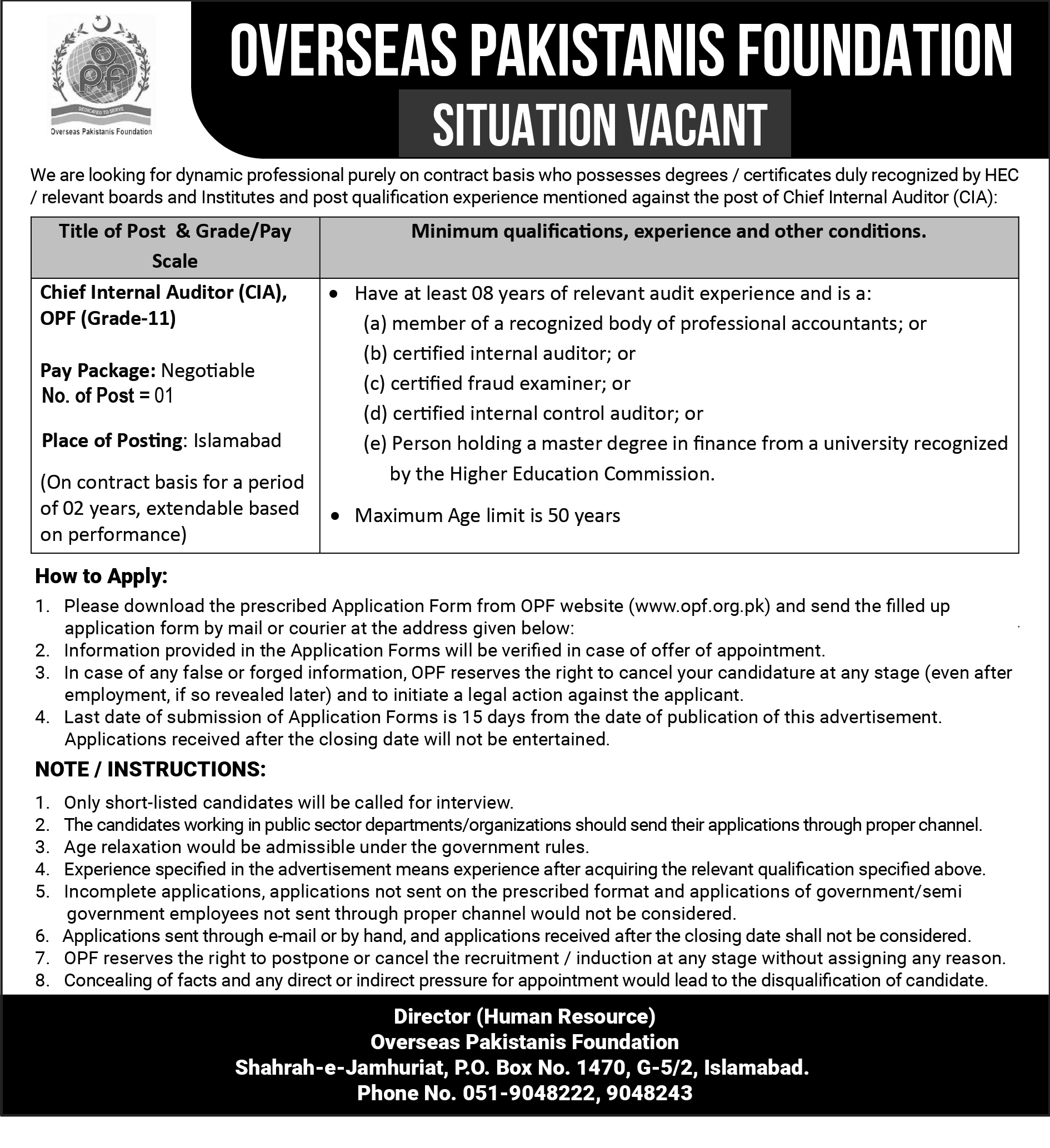 Overseas Pakistanis Foundation (OPF) Islamabad Jobs 2020 for Chief Internal Auditor Latest