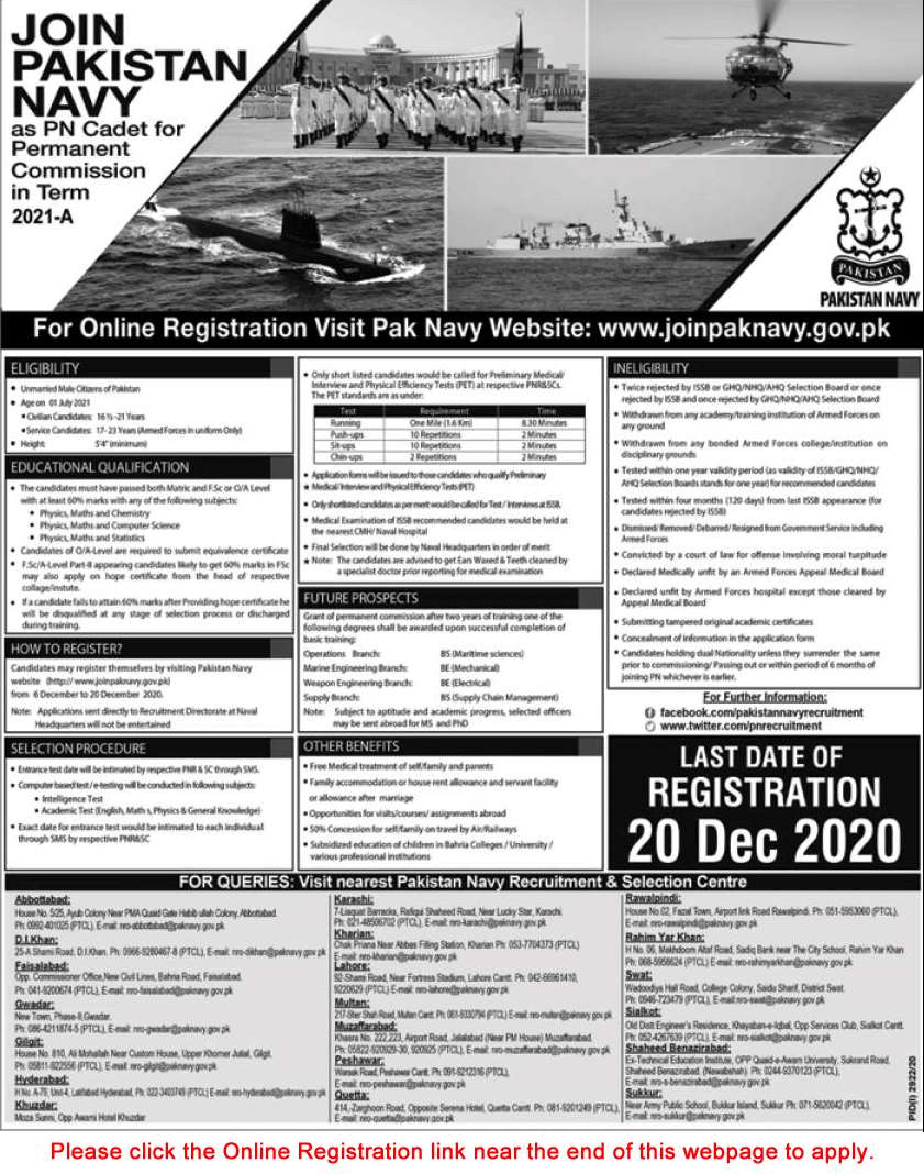 Join Pakistan Navy as PN Cadet December 2020 Online Registration