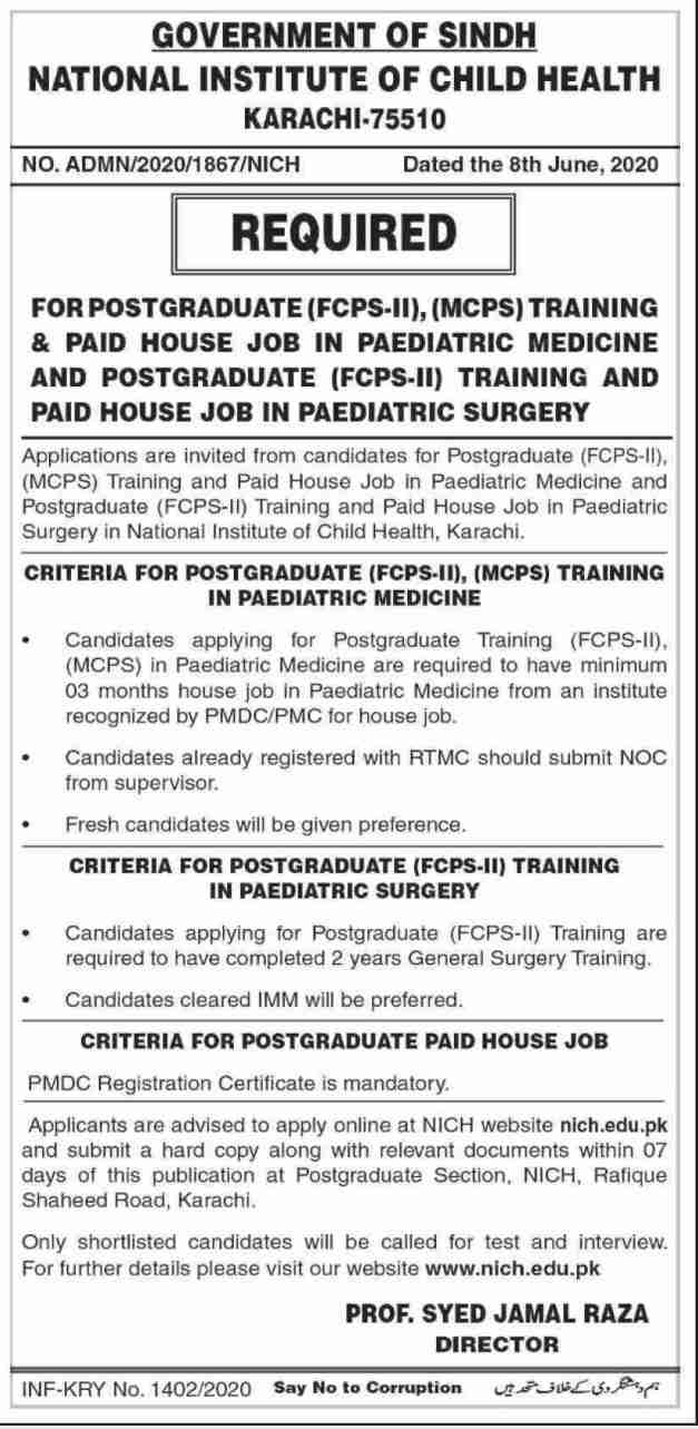 National Institute of Child Health Karachi Postgraduate / House Job