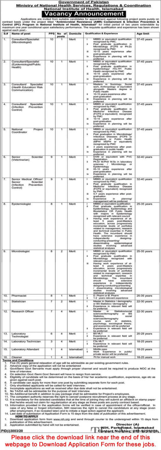 National Institute of Health Islamabad Jobs