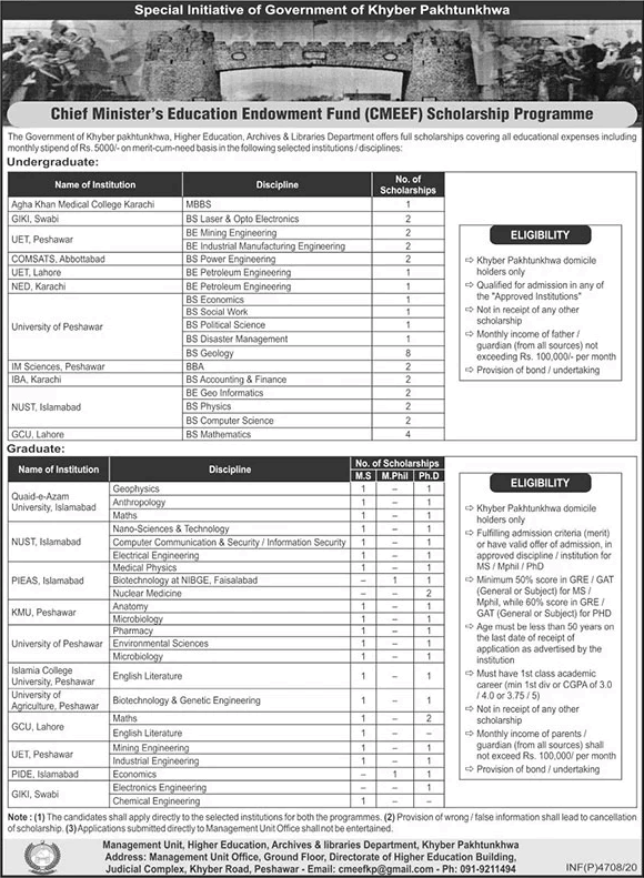 KPK Chief Minister's Education Endowment Fund Scholarship