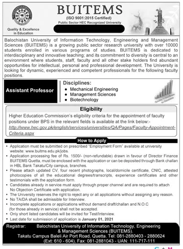 Assistant Professor Jobs in BUITEMS University Quetta 