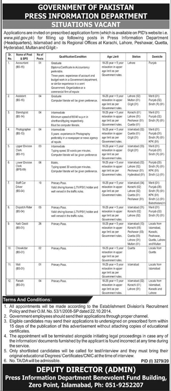 Press Information Department Jobs 2020 December PID Application Form Naib Qasid, Drivers, Clerks & Others Latest
