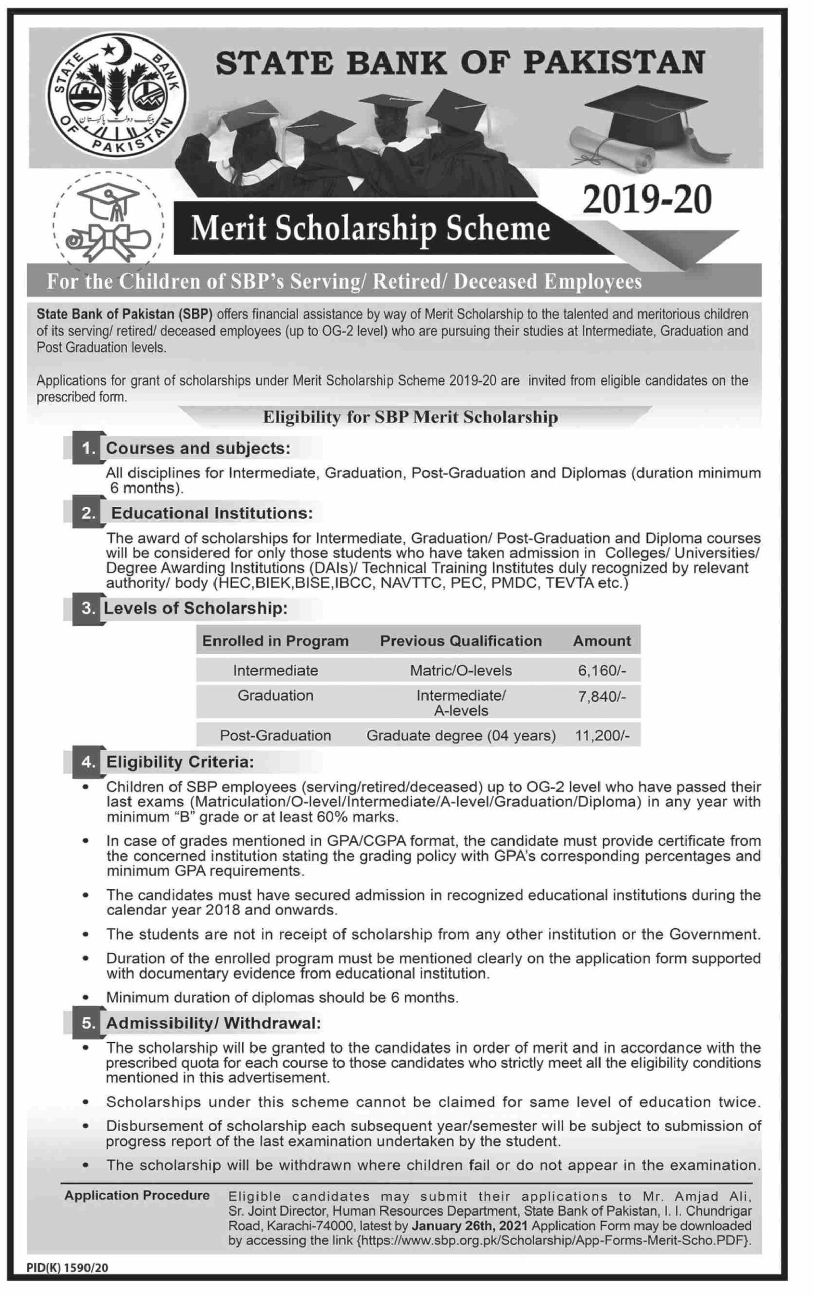 State Bank of Pakistan Merit Scholarship Scheme 2019-20 