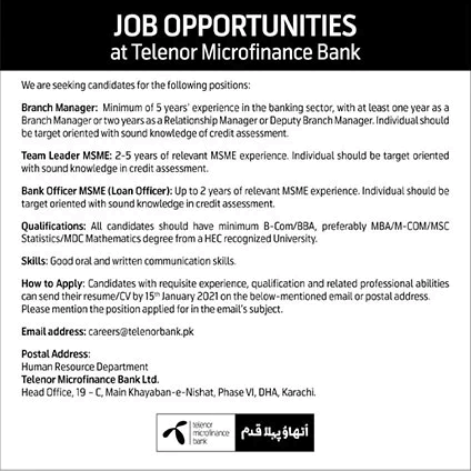 Telenor Microfinance Bank Jobs December 2020 