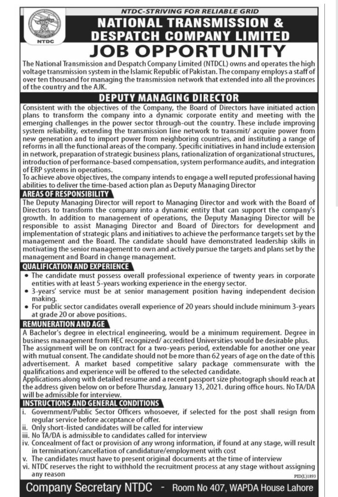  National Transmission & Despatch Company Limited (NTDCL) Jobs 2020 