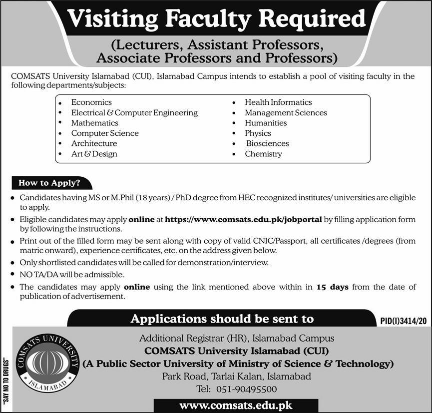 COMSATS University Islamabad Jobs December 2020 / 2021 