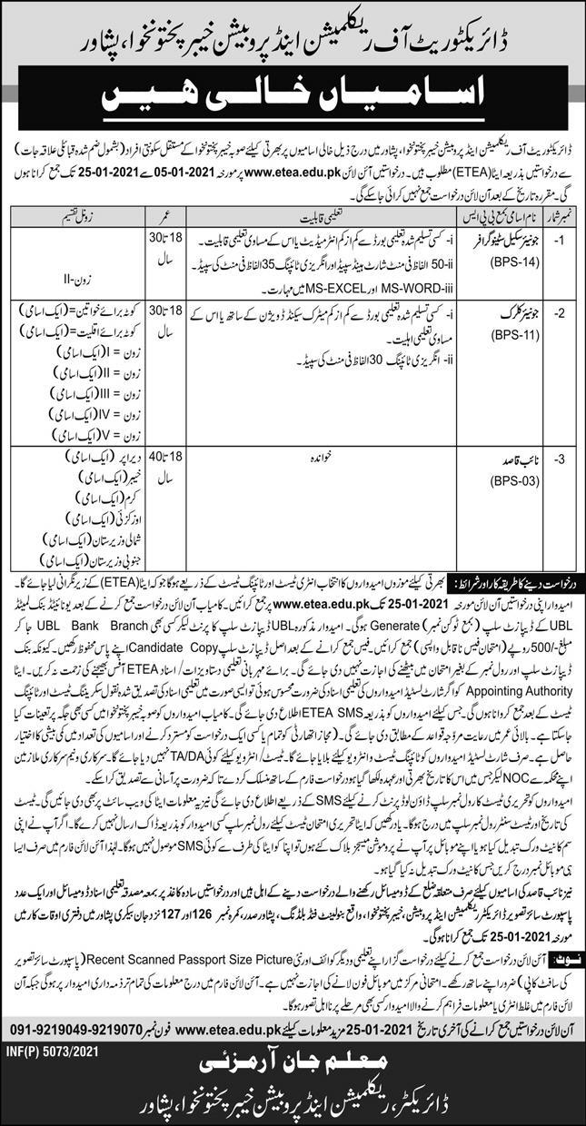 Directorate of Reclamation & Probation Khyber Pakhtunkhwa Jobs 2021