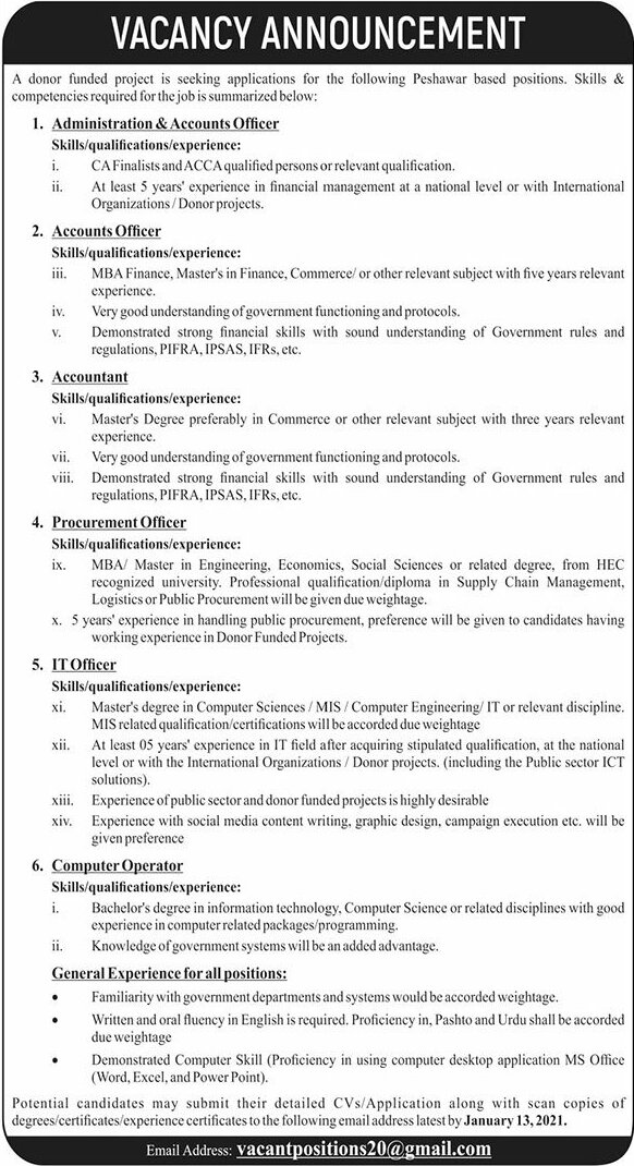 Donor Funded Project Peshawar Jobs 2021