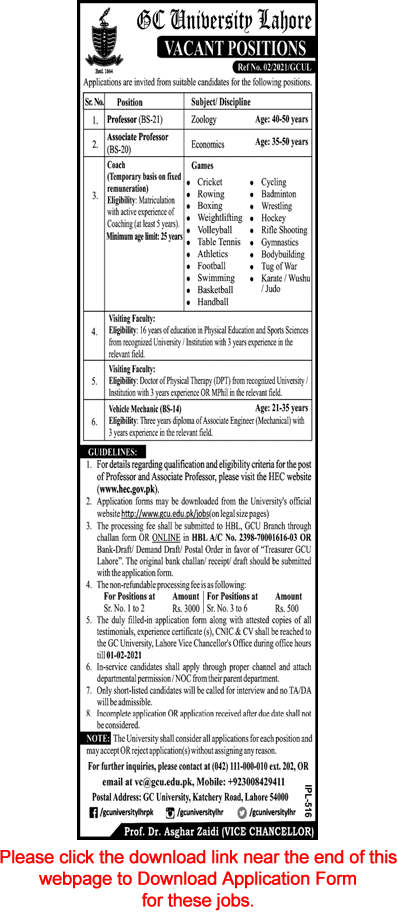 Visiting / Teaching Faculty Jobs in GC University Lahore 2021