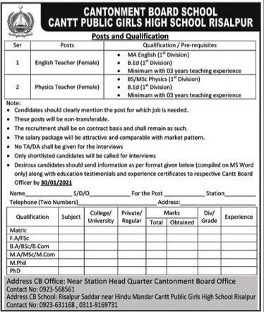  Cantonment Board School Cantt Public Girls High School Risalpur Jobs 2021