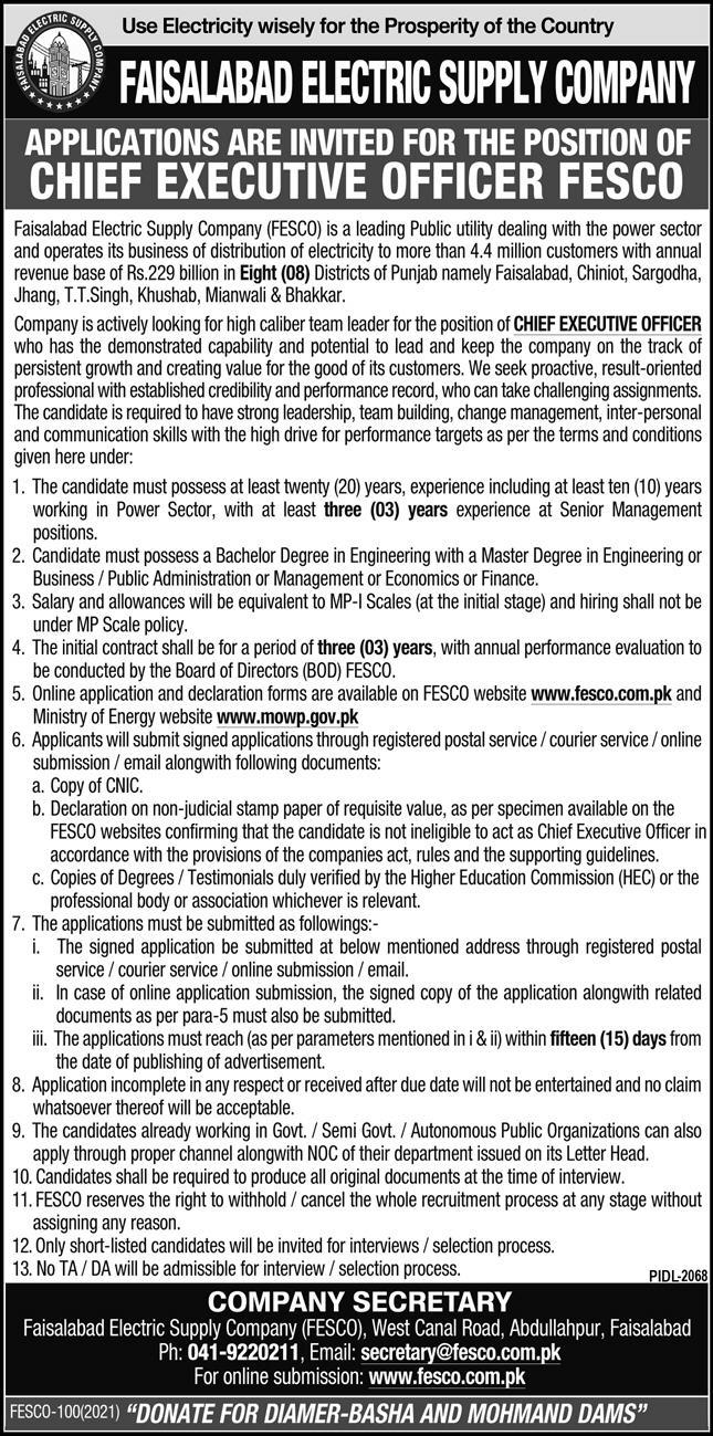 Faisalabad Electric Supply Company (FESCO) Jobs 2021