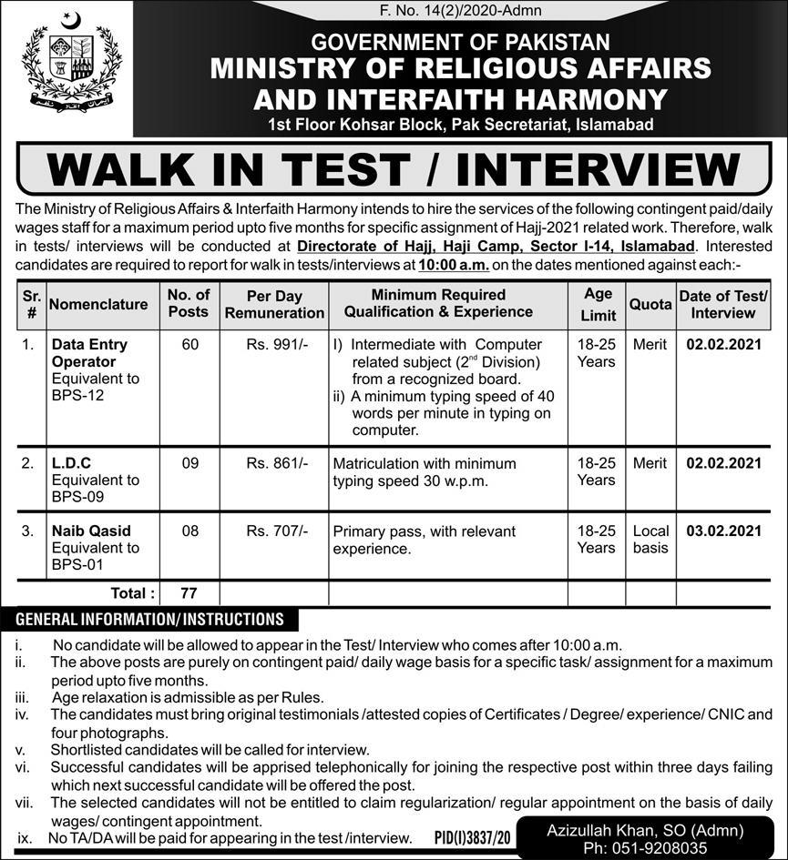 Ministry of Religious Affairs and Interfaith Harmony Islamabad Jobs 2021