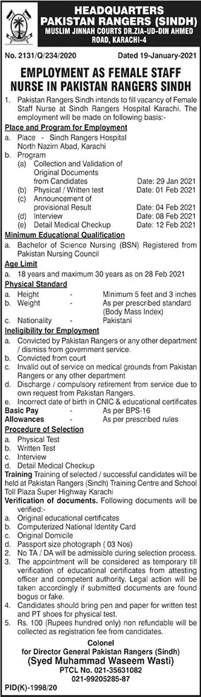 Staff Nurse Jobs in Pakistan Rangers Sindh 2021