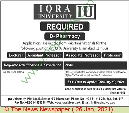  Iqra University Islamabad Campus Jobs 2021