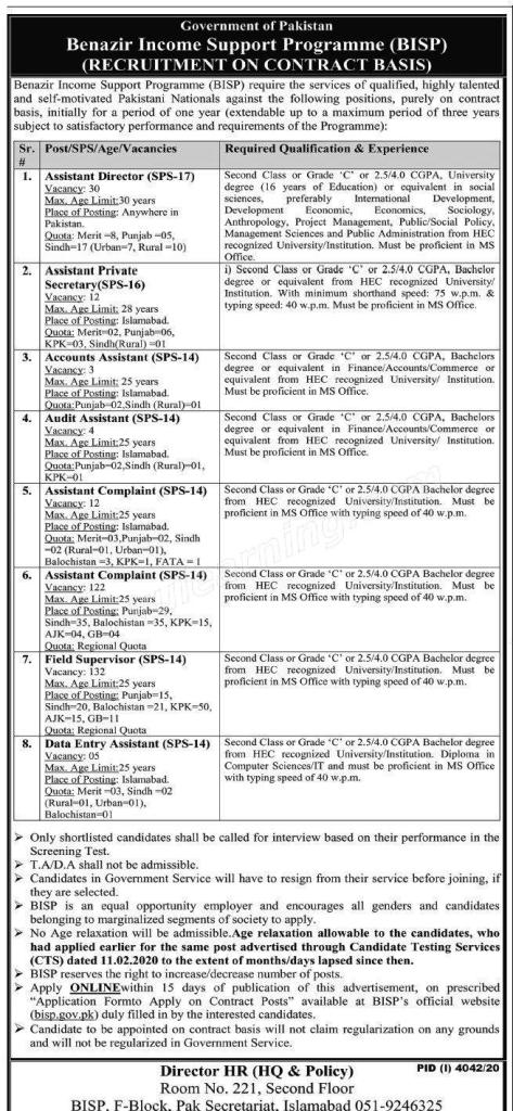 Benazir Income Support Programme Jobs 2021