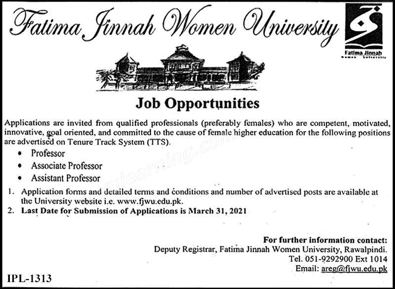 Fatima Fatimah Women University Rawalpindi Jobs 2021