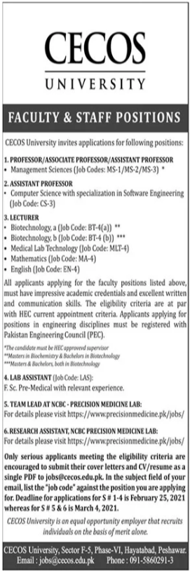 CECOS University Peshawar Jobs 2021