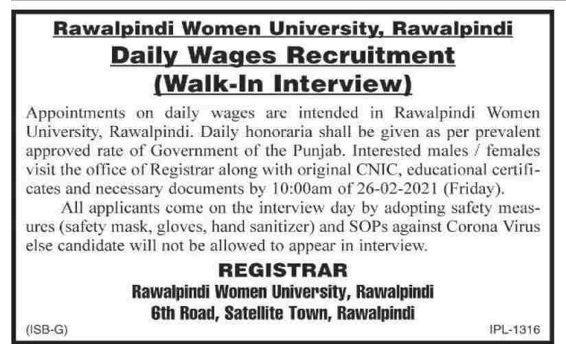 The Rawalpindi Women University Rawalpindi Jobs 2021