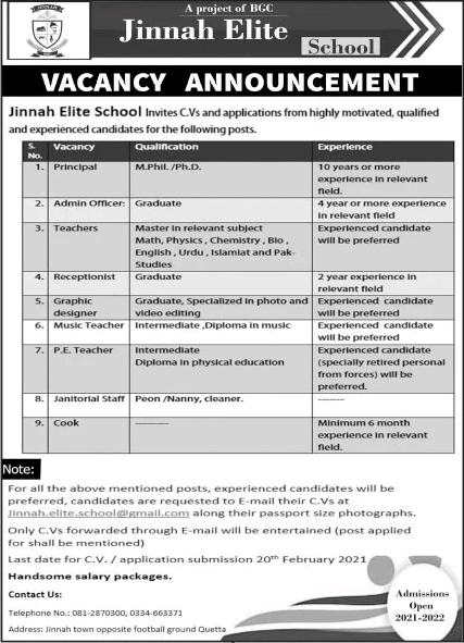 Jinnah Elite School Quetta Jobs 2021 
