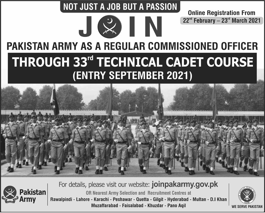 Join Pakistan Army through 32th Technical Cadet Course 2021 February Online Registration as Regular Commissioned Officer Latest