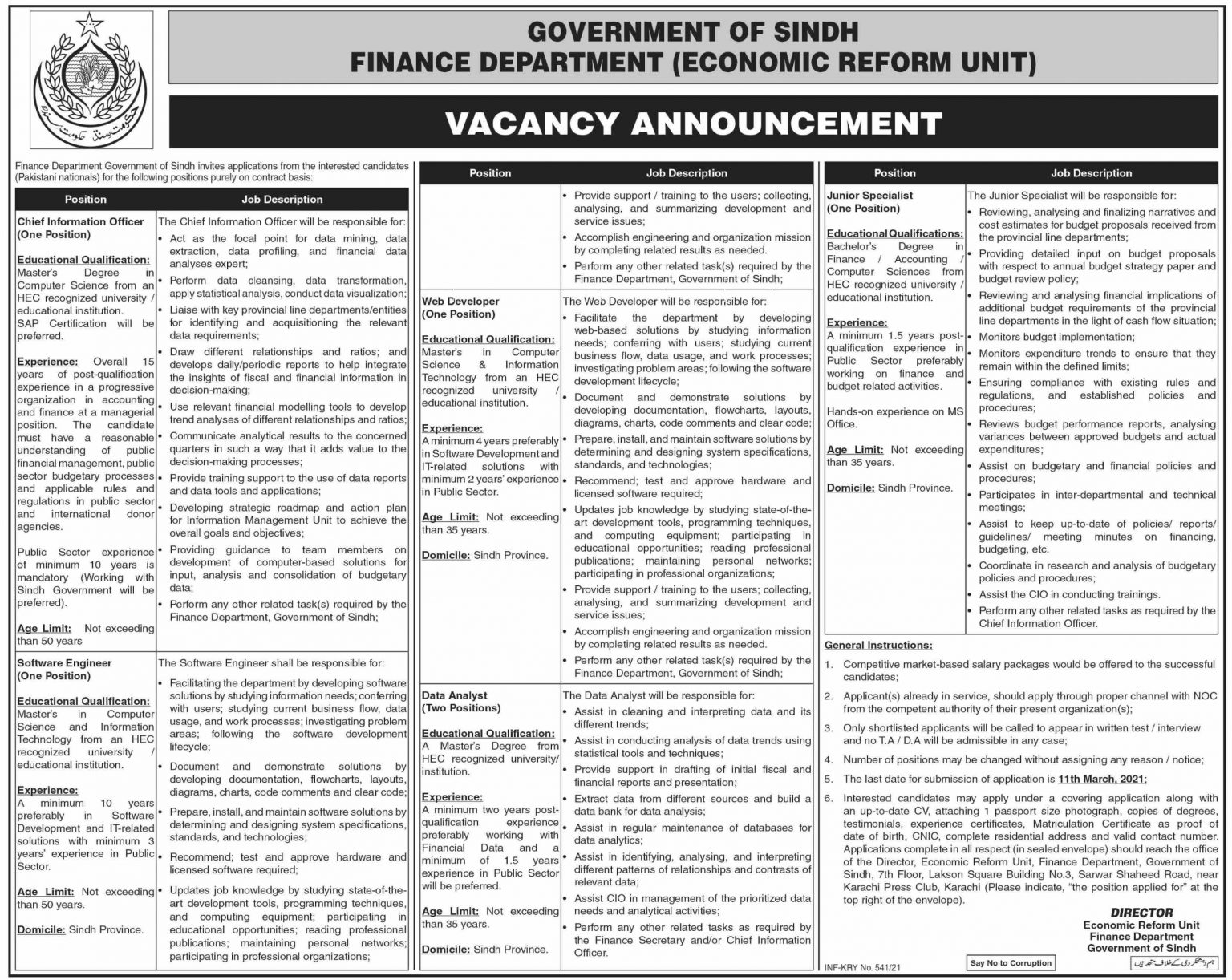Finance Department Sindh Jobs 2021 February Software Engineer, Web Developer & Others Latest