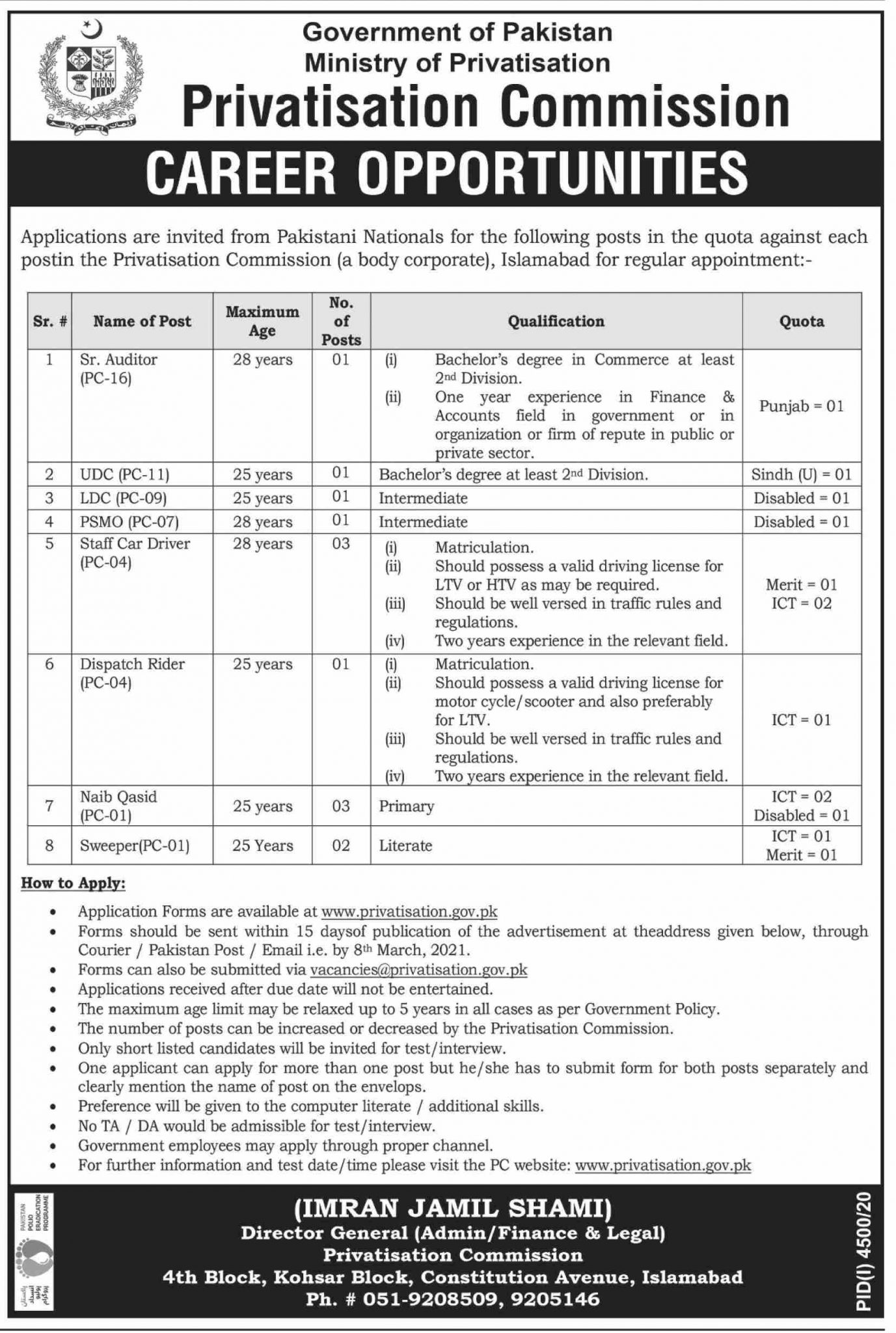 Ministry of Privatization Islamabad Jobs 2021 February Application Form Drivers, Clerks & Others Latest