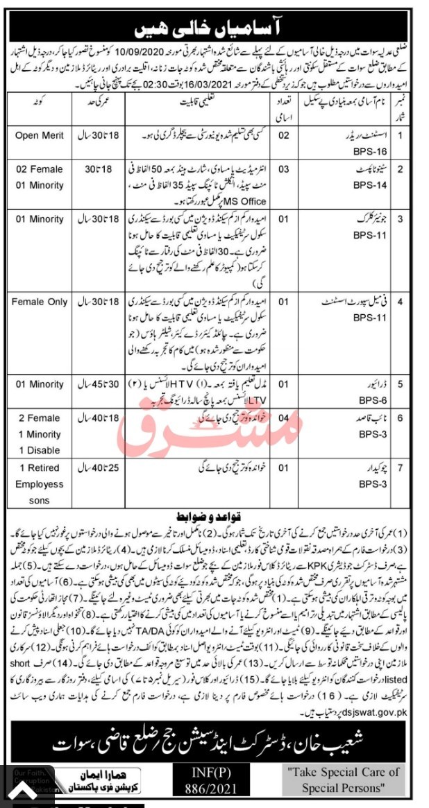 District and Session Court Swat Jobs 2021