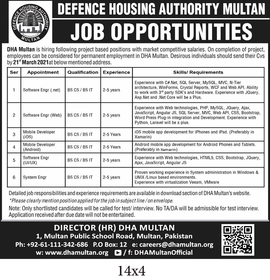 DHA Multan Jobs 2021 March 