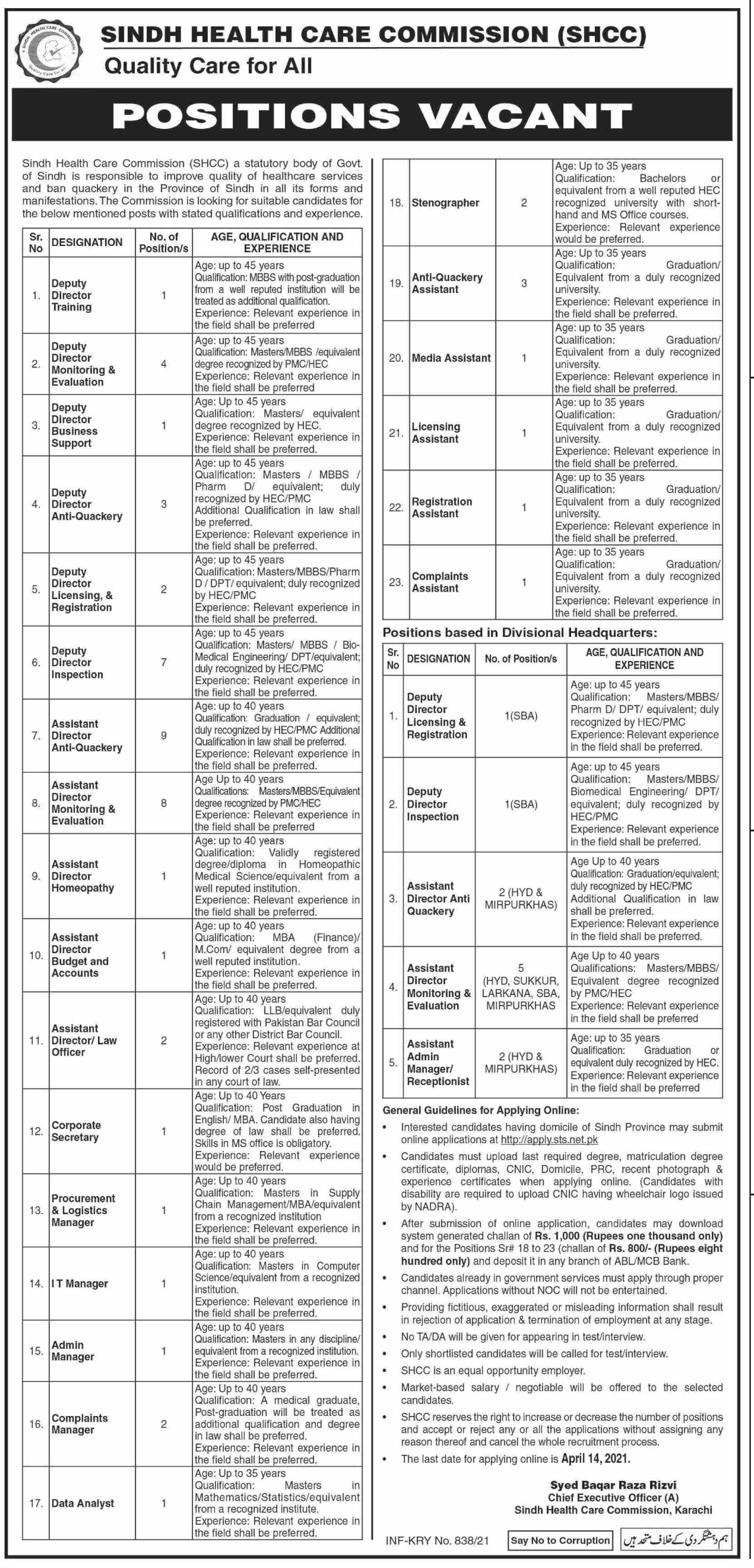 Sindh Health Care Commission Jobs 2021 March
