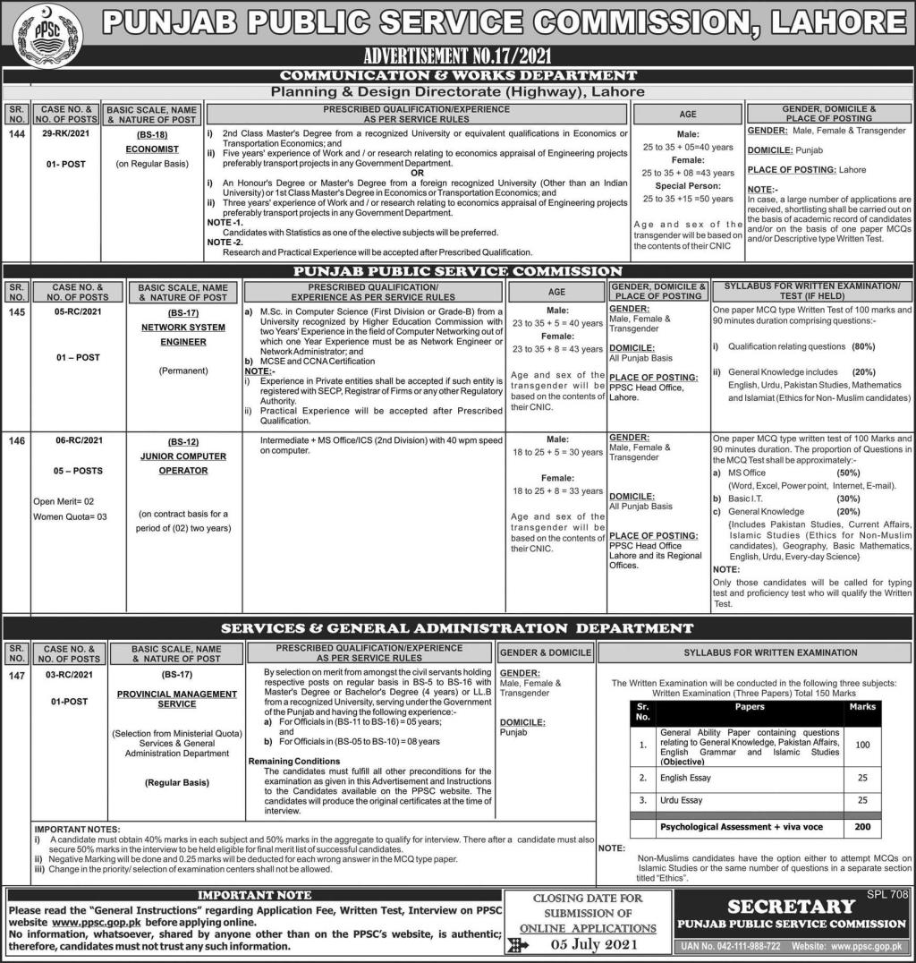 PPSC Jobs June 2021 Consolidated Advertisement No 17/2021 Latest