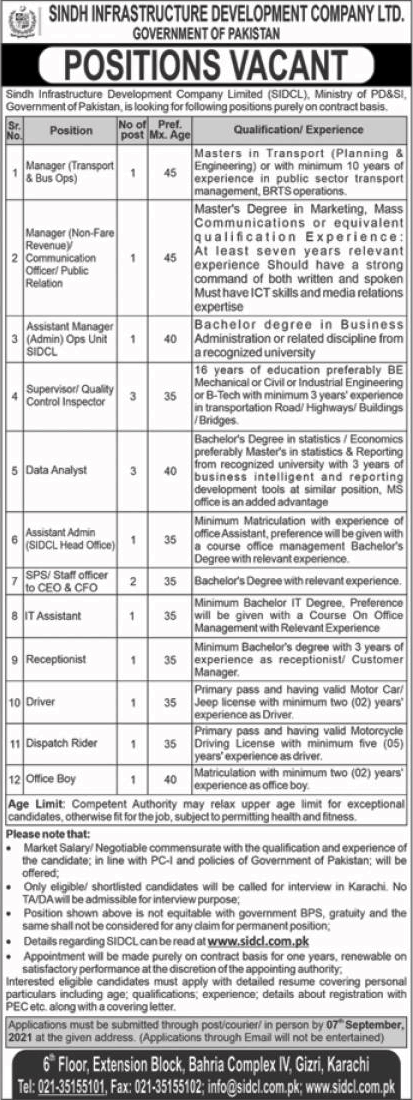 Sindh Infrastructure Development Company Limited Jobs 2021