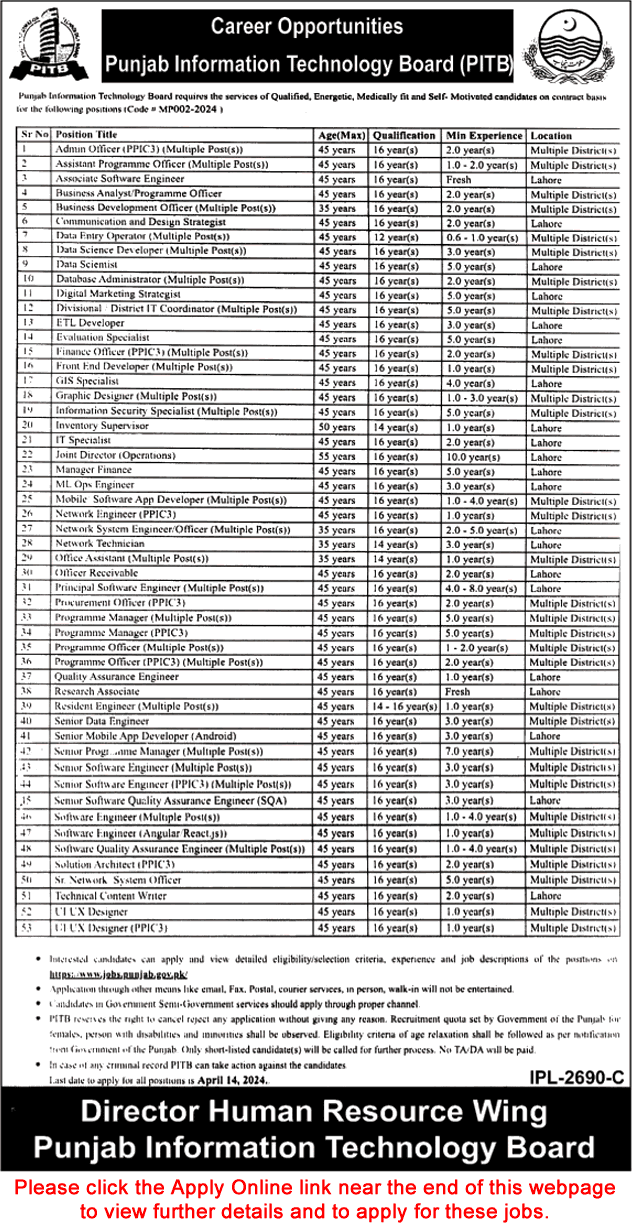 PITB Jobs March 2024 April Apply Online Punjab Information Technology Board Latest