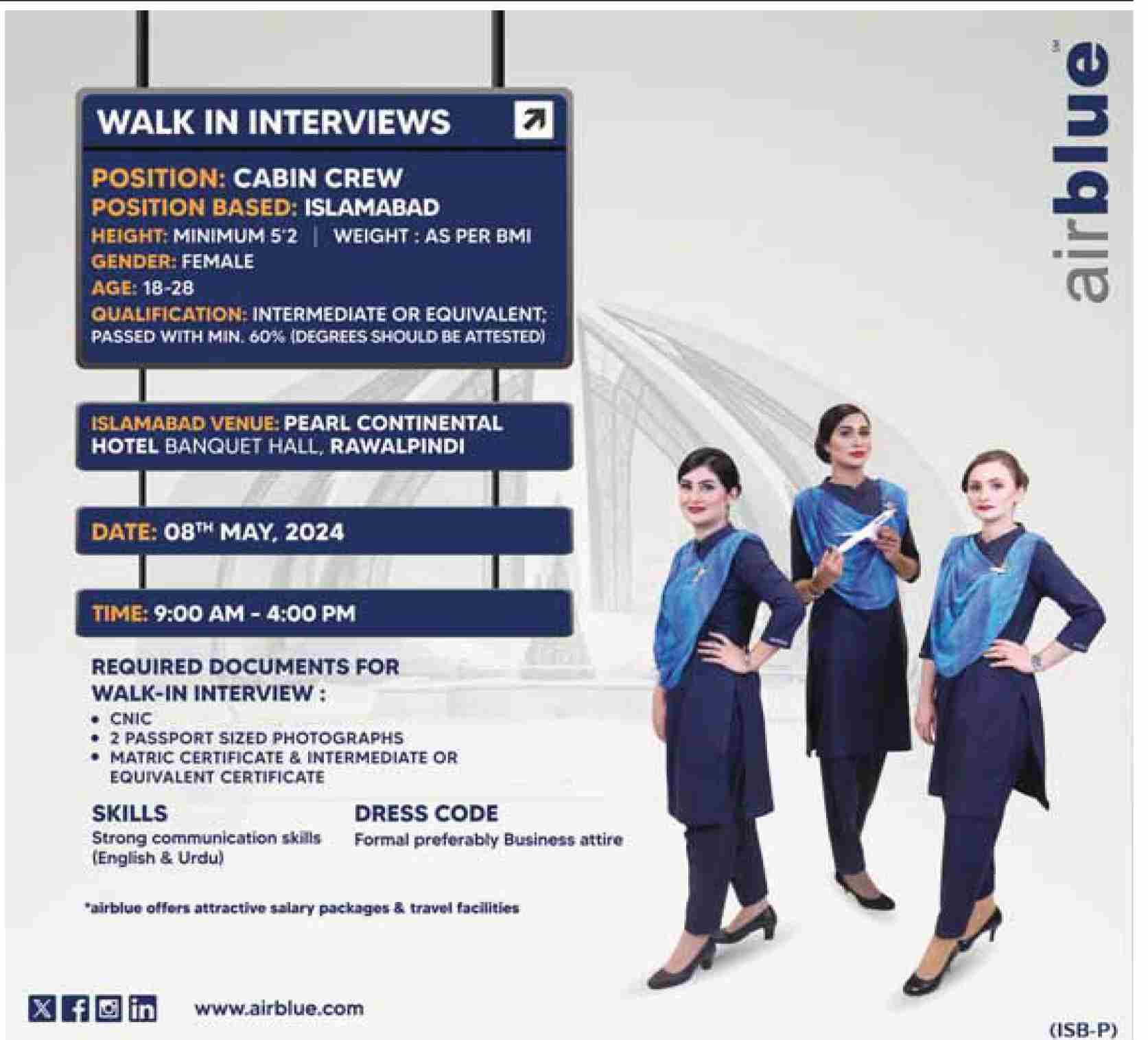 Airhostess Jobs in Air Blue May 2024 Female Cabin Crew Walk in Interviews Latest
