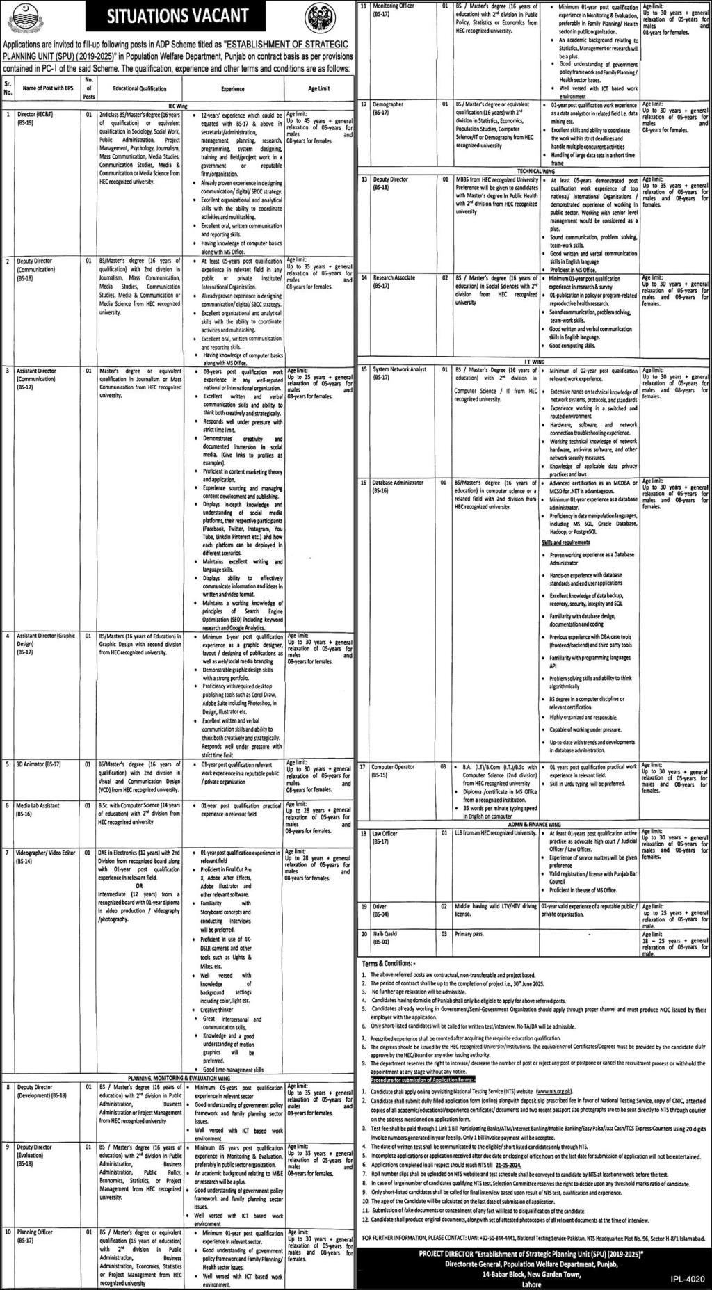 Govt of Pakistan Population Welfare Department Establishment of Strategic planning Unit Jobs May 2024