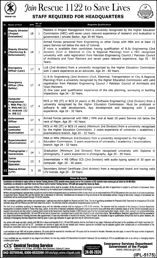 Punjab Rescue 1122 Jobs 2024 June Emergency Service CTS Apply Online