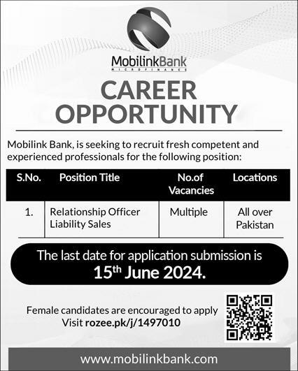 Mobilink bank Jobs June 2024