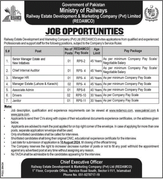 Railway Estate Development and Marketing Company Islamabad Jobs 2024 July