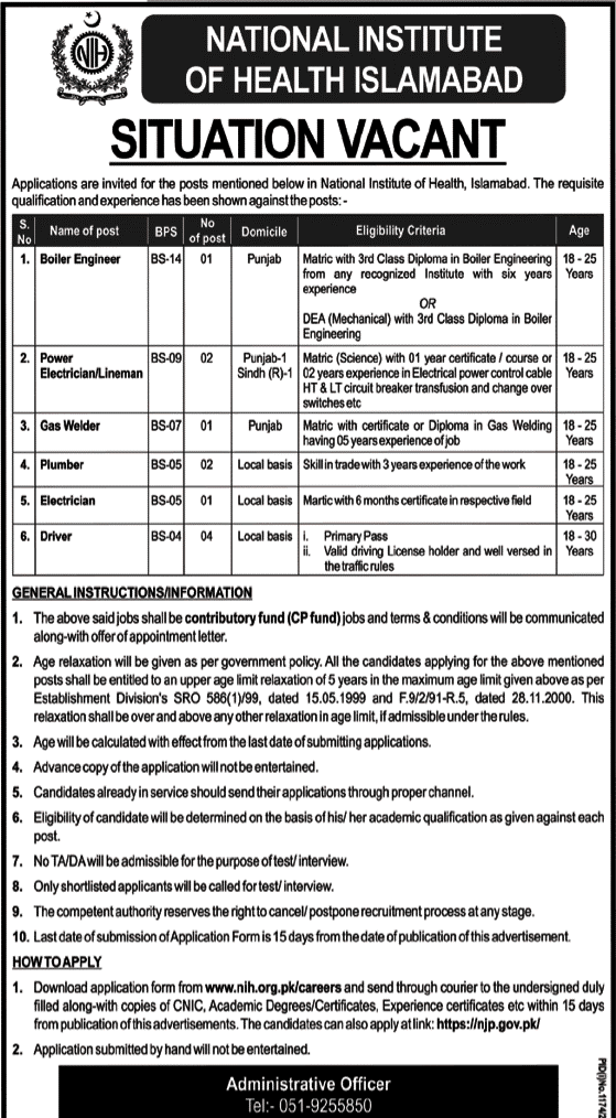 National Institute of Health Islamabad Jobs 2024