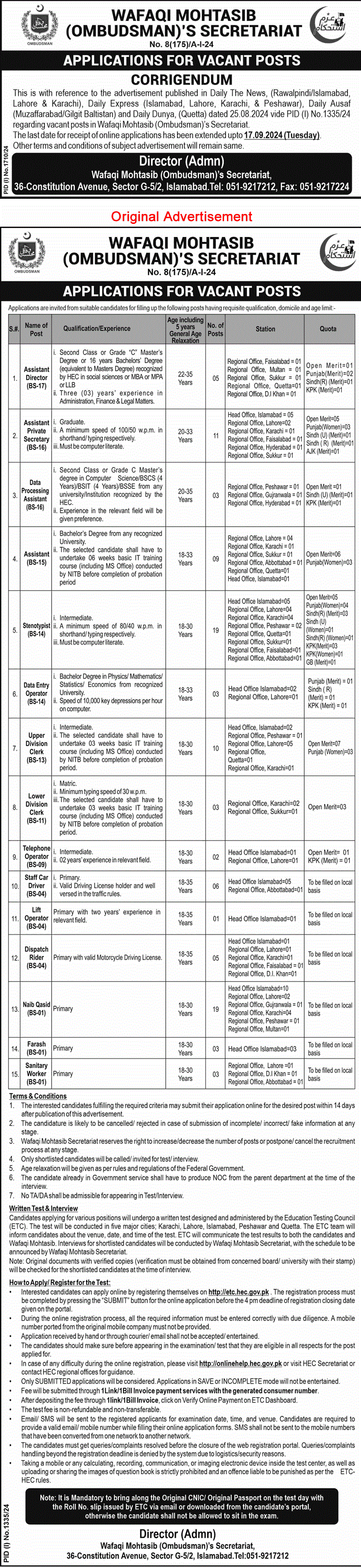 Wafaqi Mohtasib Secretariat Jobs