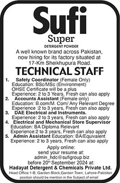 Sufi Super Detergent Powder Lahore Jobs