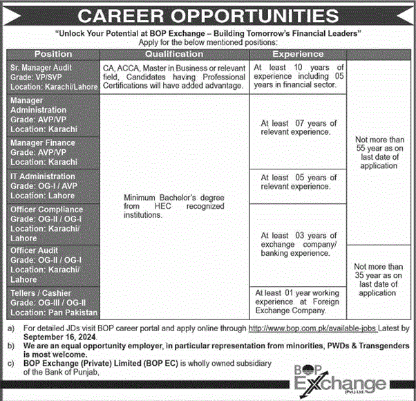 BOP Exchange Pvt Ltd, Cashiers / Tellers Jobs